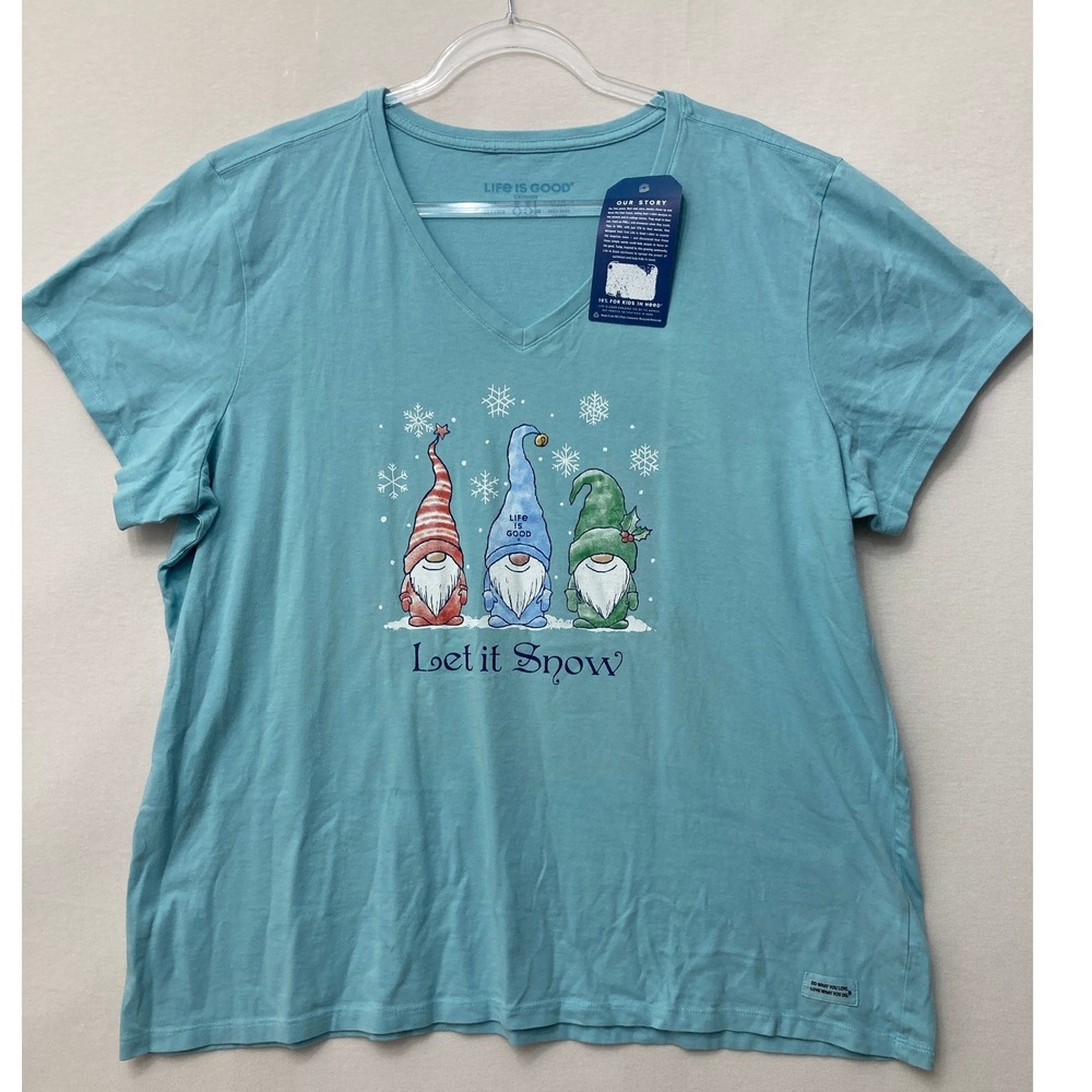 New Life is Good T-Shirt XXL Blue Let it Snow Gnomes Christmas Holiday Tee